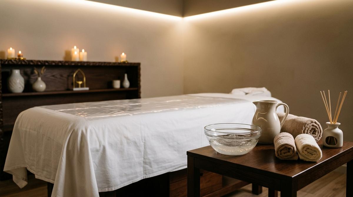 Cabina de masaje nuru de lujo con camilla preparada y cuenco con gel de algas transparente.