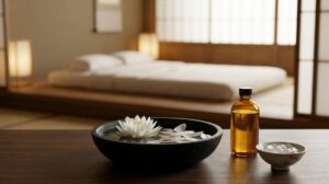 Cabina De Masajes Premium De Diseno Zen Con Mesa De Madera Que Muestra Un Cuenco Con Una Flor De Loto Aceite Dorado Y Gel De Masaje En Un Ambiente De Iluminacion Calida Y Relajante