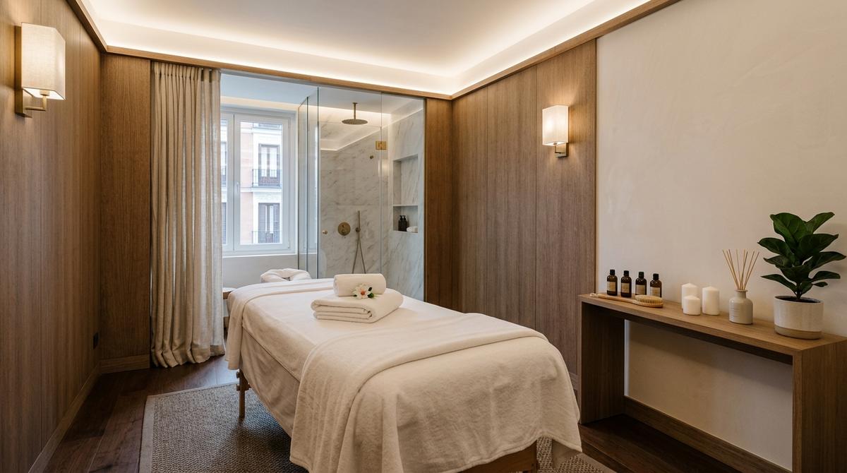 Cabina VIP de masaje con ducha privada y decoración de lujo en Madrid.