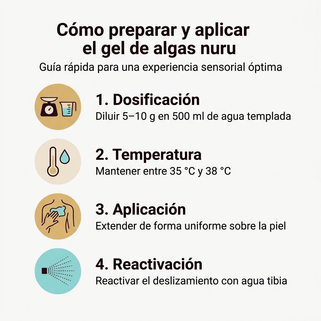 Checklist visual con los pasos básicos para preparar y aplicar el gel de algas nuru.