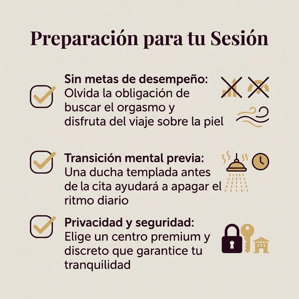 Checklist visual con pautas de preparación y consejos de seguridad para disfrutar de una sesión de bienestar sensorial.
