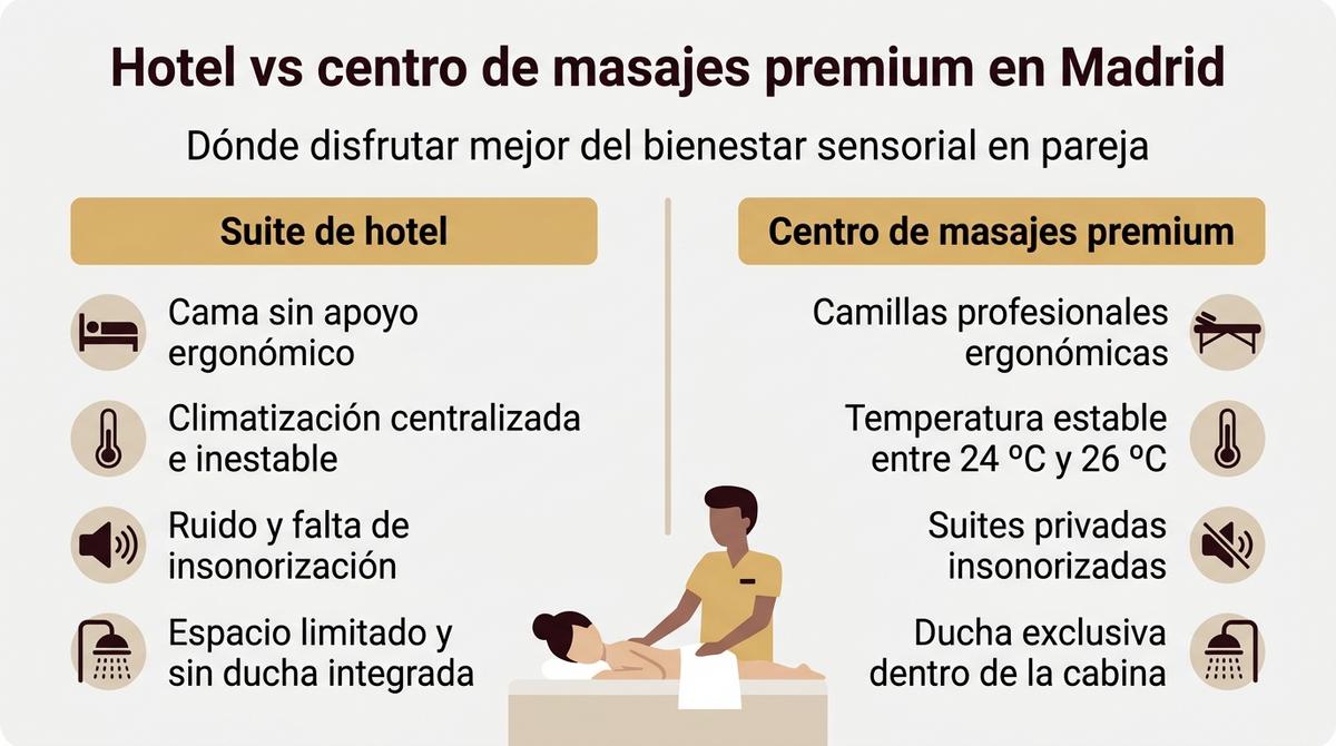 Diagrama comparativo entre una suite de hotel y un centro de masajes premium para parejas en Madrid.