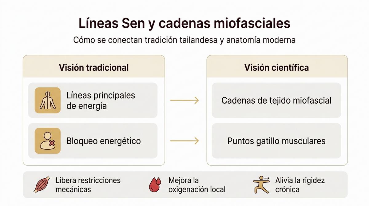 Diagrama comparativo que relaciona las líneas Sen de la tradición tailandesa con las cadenas miofasciales y puntos gatillo de la anatomía moderna