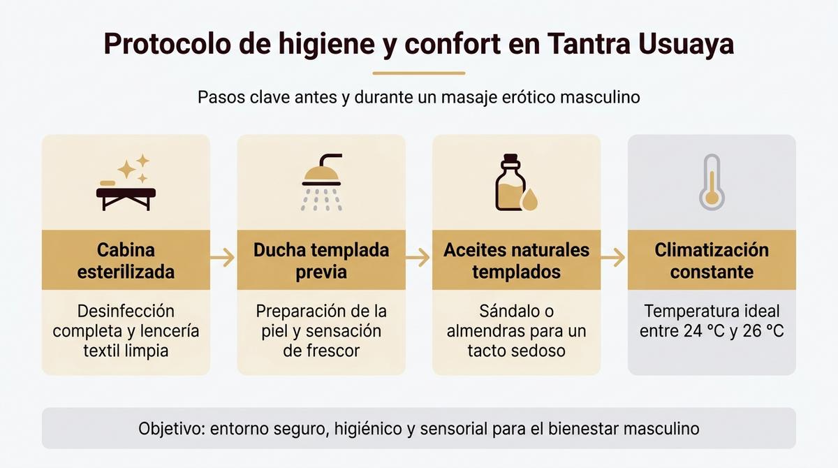 Diagrama de flujo con los pasos del protocolo de higiene y confort en un masaje erótico masculino premium