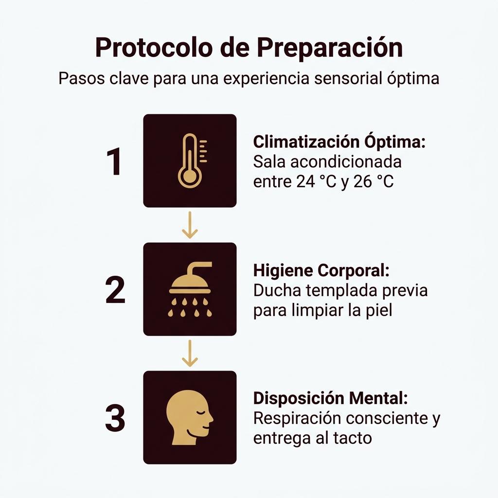 Diagrama de protocolo que detalla los tres pasos de preparación para un masaje sensitivo premium: climatización de la sala, ducha previa y disposición mental.