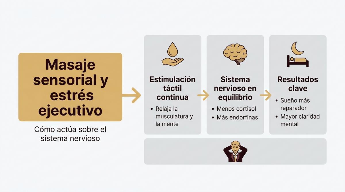 Diagrama que muestra cómo el masaje sensorial equilibra el sistema nervioso del ejecutivo.