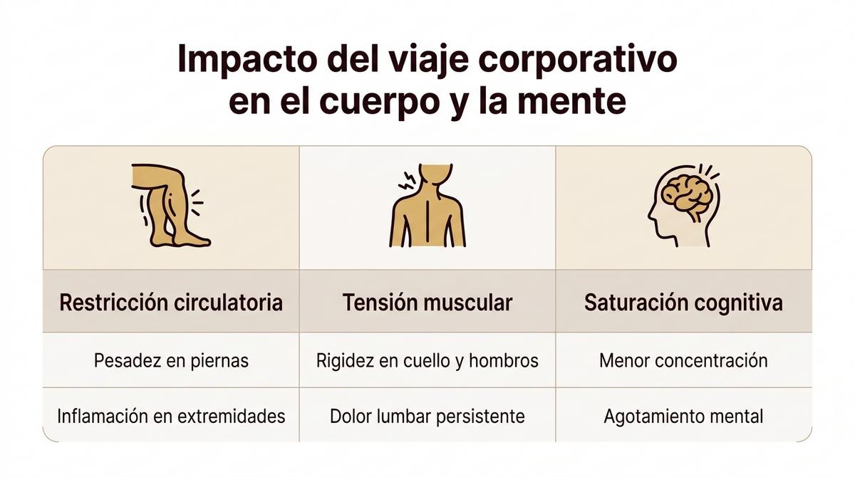 Diagrama que muestra la restricción circulatoria, la tensión muscular y la saturación cognitiva como efectos del viaje corporativo.