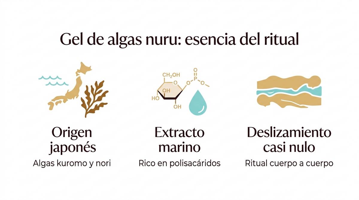 Diagrama que resume el origen japonés, la composición marina y la función deslizante del gel de algas nuru.