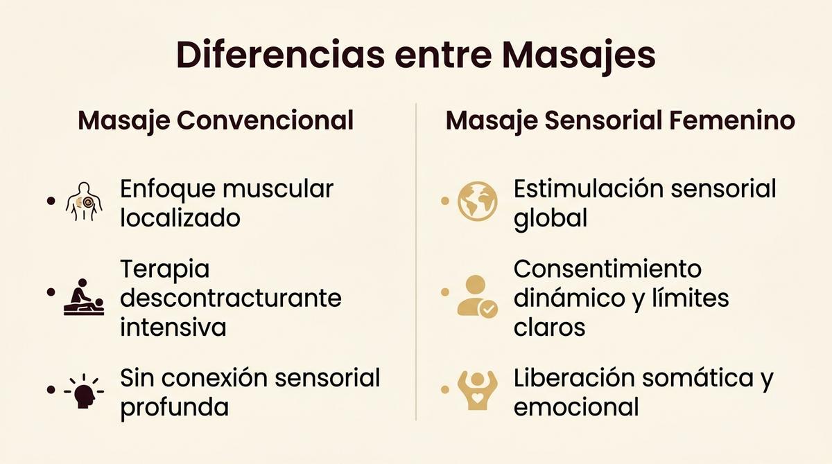 Gráfico comparativo de las características del masaje convencional frente al masaje sensorial femenino en un centro de bienestar.