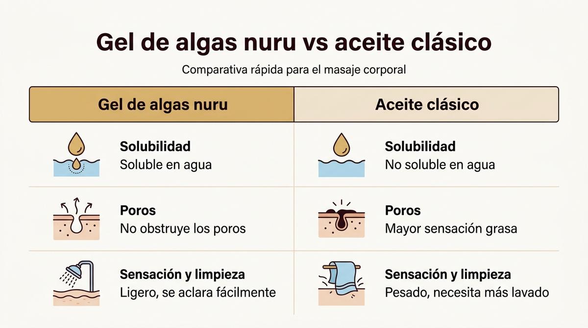 Infografía comparativa entre el gel de algas nuru y el aceite clásico para masajes.