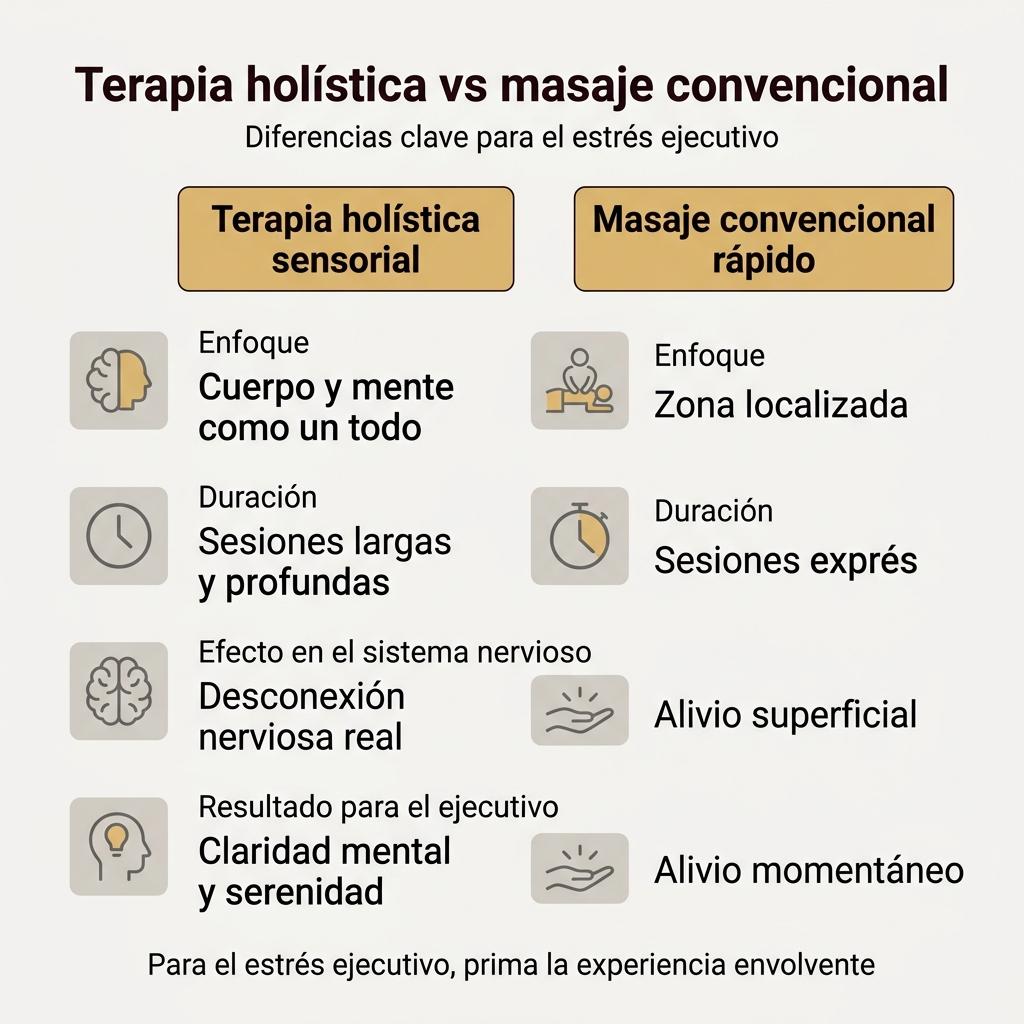 Infografía comparativa entre terapia holística sensorial y masaje convencional rápido.