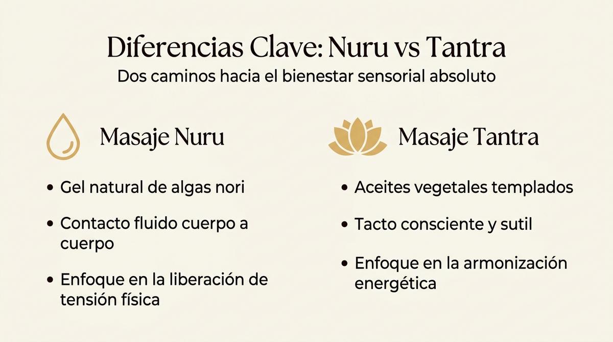 Infografía comparativa que muestra las diferencias clave entre el masaje nuru y el masaje tantra en cuanto a ingredientes, tipo de contacto y enfoque sensorial.