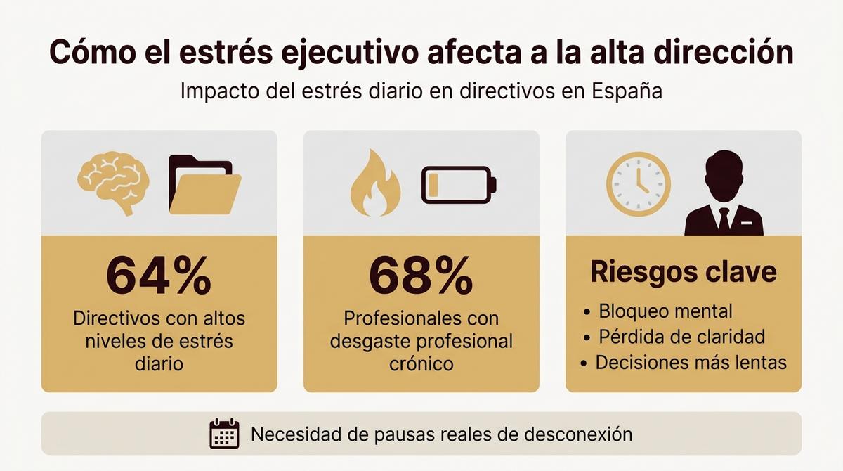 Infografía con porcentajes de estrés y burnout en directivos y sus riesgos principales.