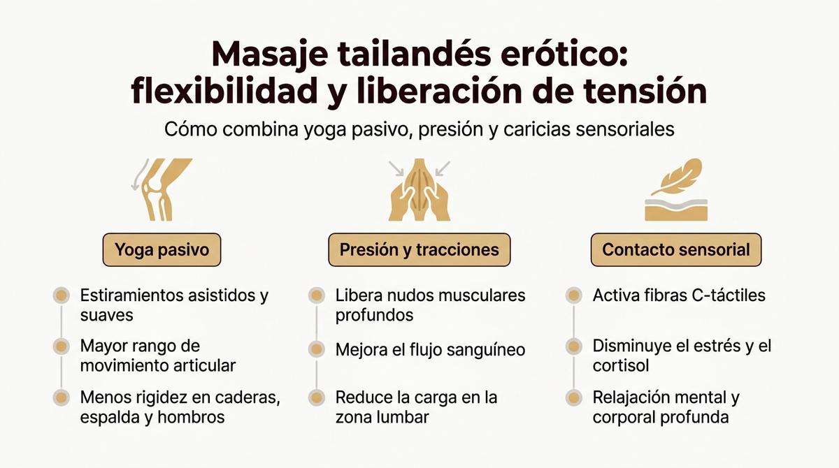 Infografía con tres columnas que resumen cómo el masaje tailandés erótico combina yoga pasivo, presión y contacto sensorial para mejorar la flexibilidad y reducir la tensión