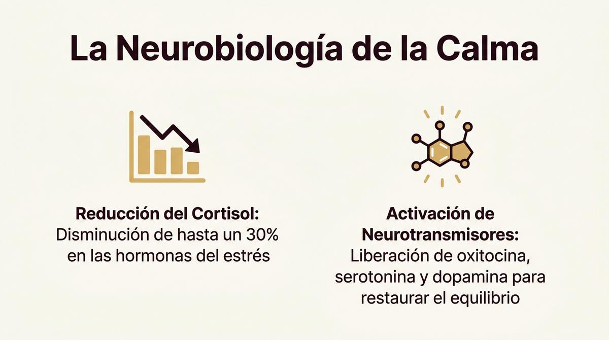 Infografía de la respuesta neurobiológica del tacto sensorial que destaca la reducción del cortisol y la liberación de neurotransmisores.