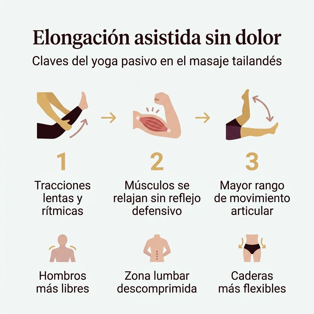 Infografía en tres pasos que explica cómo la elongación asistida reduce la contracción muscular defensiva y mejora el rango de movimiento