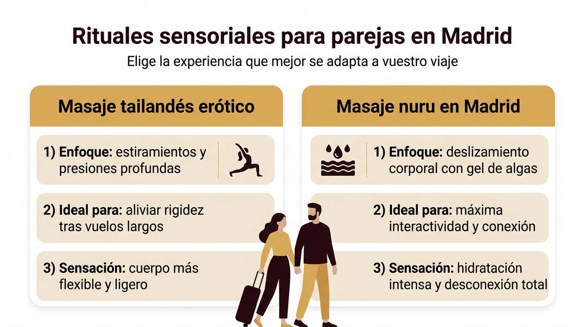 Infografía que compara las características del masaje tailandés erótico y del masaje nuru para parejas en Madrid.