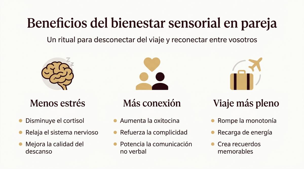 Infografía que resume los beneficios del bienestar sensorial en pareja durante un viaje.