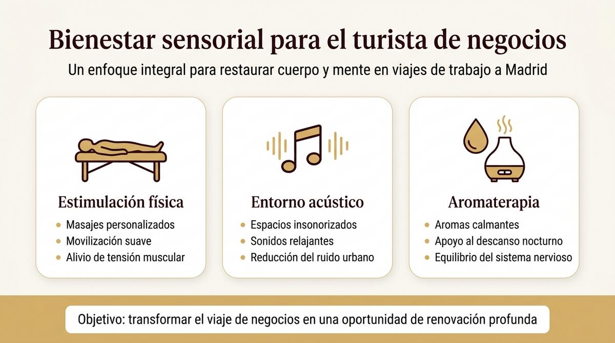 Infografía sobre el bienestar sensorial para el turista de negocios con tres bloques sobre estimulación física, entorno acústico y aromaterapia.
