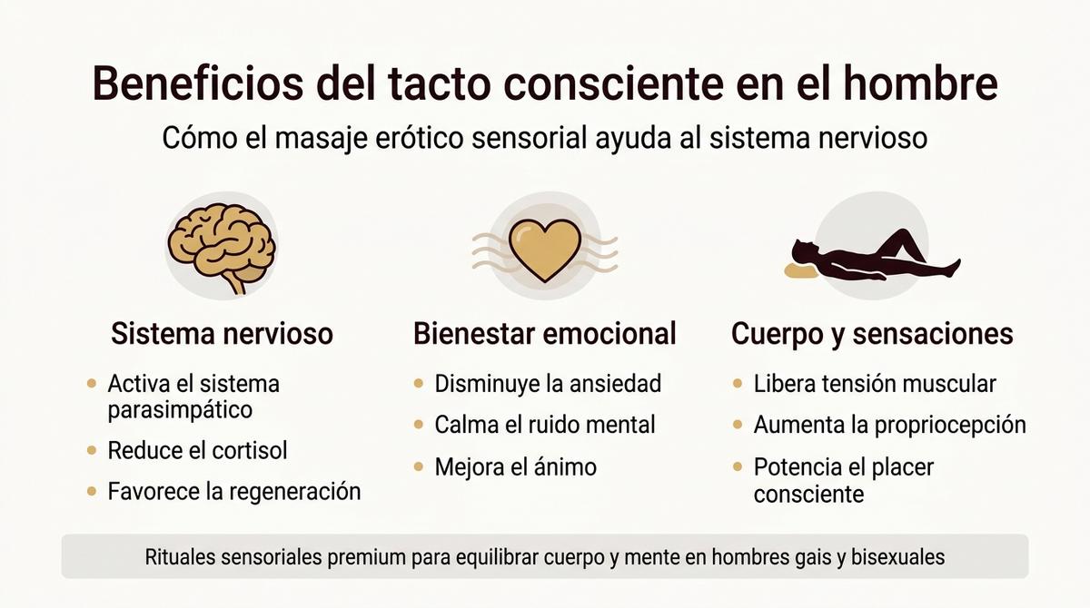 Infografía sobre los beneficios del tacto consciente y el masaje erótico sensorial en el hombre