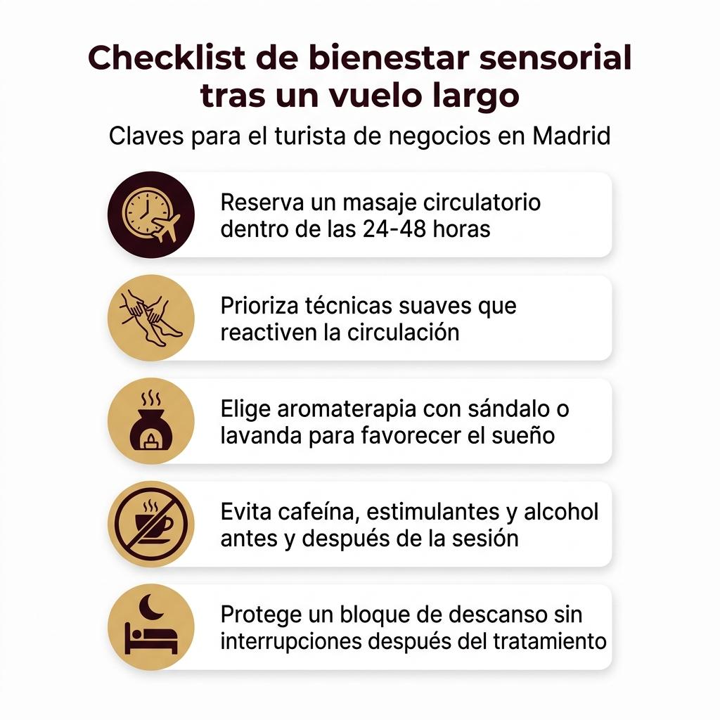 Infografía tipo checklist con consejos de bienestar sensorial para ejecutivos tras un vuelo largo.