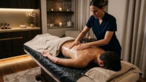 Masajista Aplicando Gel De Algas Sobre La Espalda De Un Cliente En Una Cabina De Masaje Nuru De Lujo Con Luz Tenue