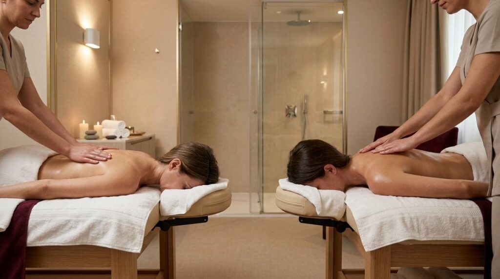Pareja Recibiendo Un Masaje Sensorial En Dos Camillas Paralelas Dentro De Una Suite Privada De Spa De Lujo En Madrid