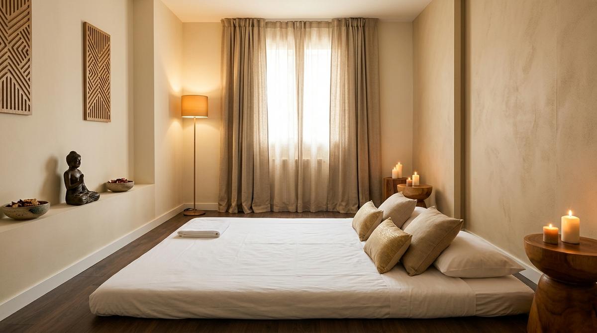 Sala privada de masaje con futón en el suelo y luz cálida preparada para una sesión en un centro de bienestar premium en Madrid