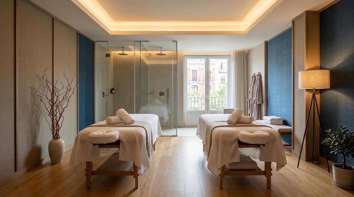 Suite privada de masaje con camilla y ducha integrada en un centro de bienestar de lujo en Madrid.