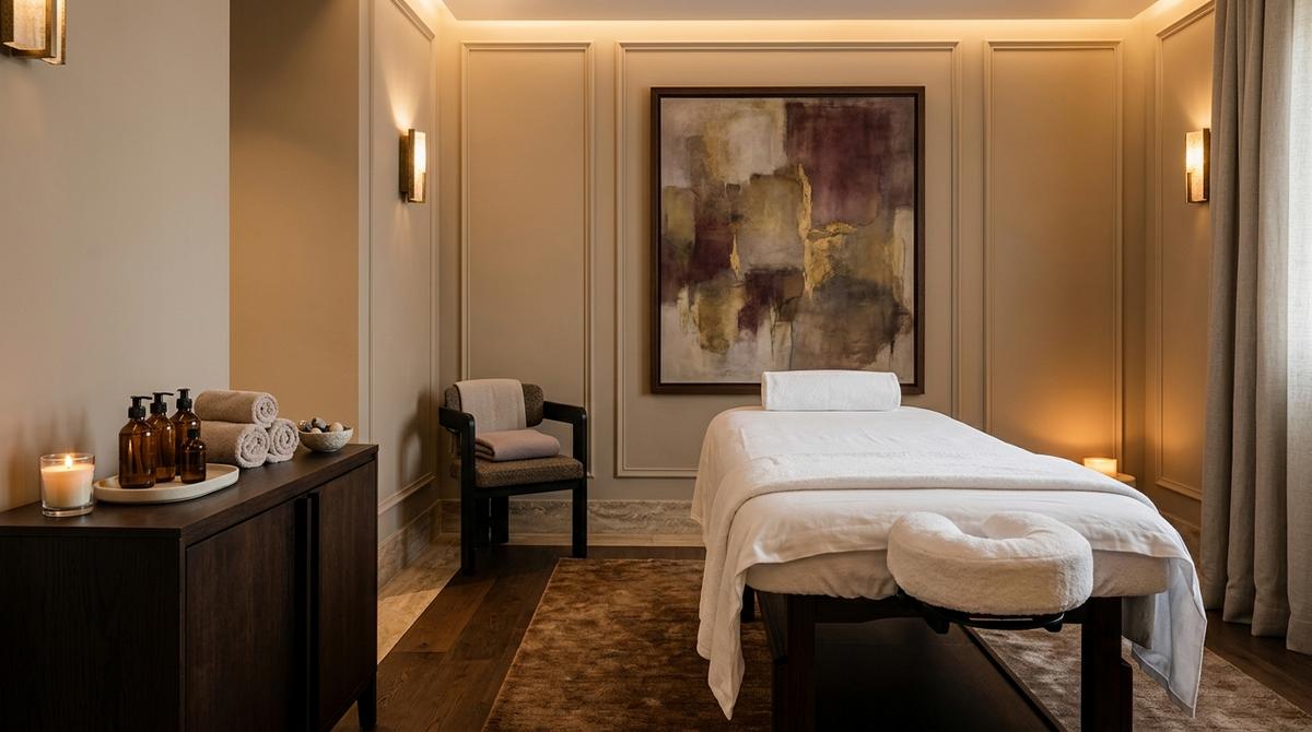 Suite privada de masaje de lujo preparada para una sesión sensorial masculina
