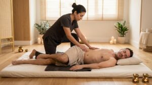 Terapeuta Realizando Un Estiramiento Asistido Suave Sobre La Espalda Y La Cadera De Un Hombre Tumbado En Futon En Una Sala De Masaje Premium En Madrid