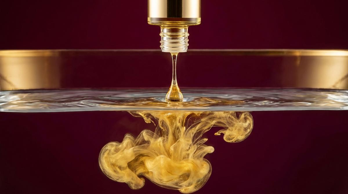 Gota de aceite hidrosoluble disolviéndose perfectamente en el agua limpia de la bañera de hidromasaje.