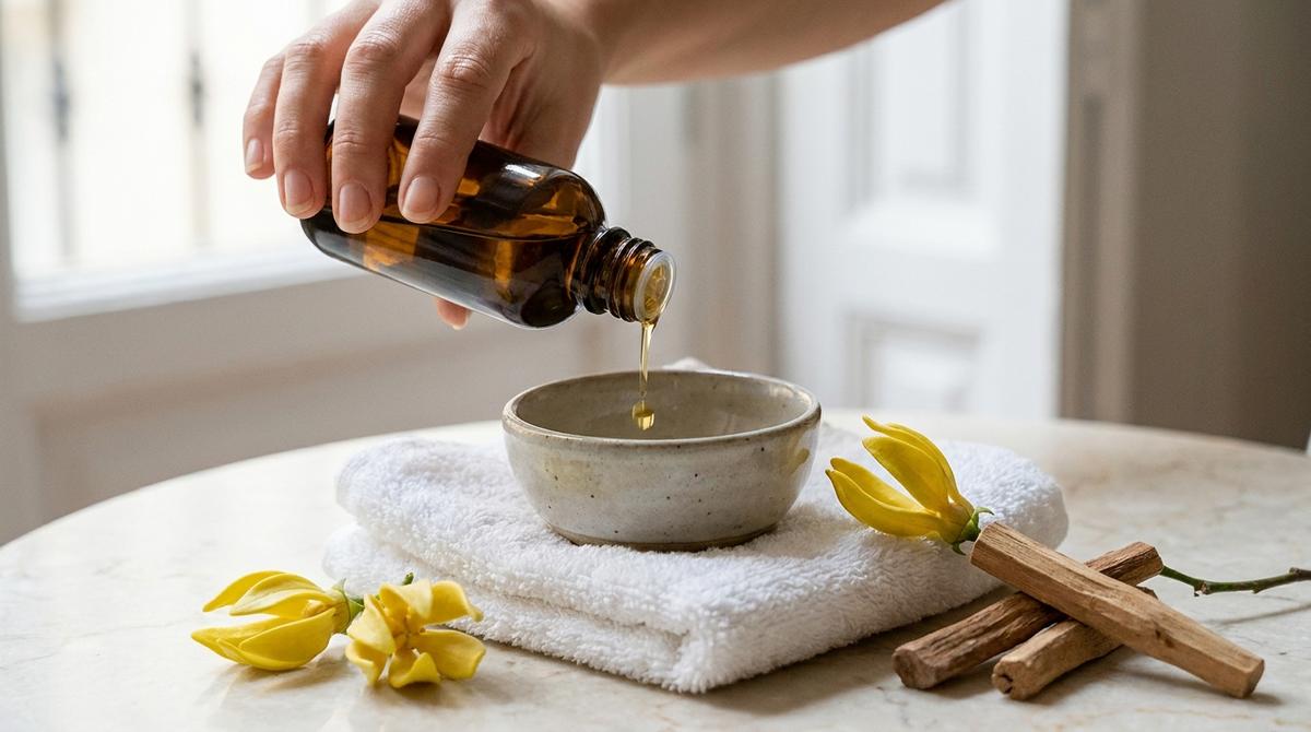 Detalle de preparación de mezcla de aceites esenciales y sándalo en un centro de spa de lujo