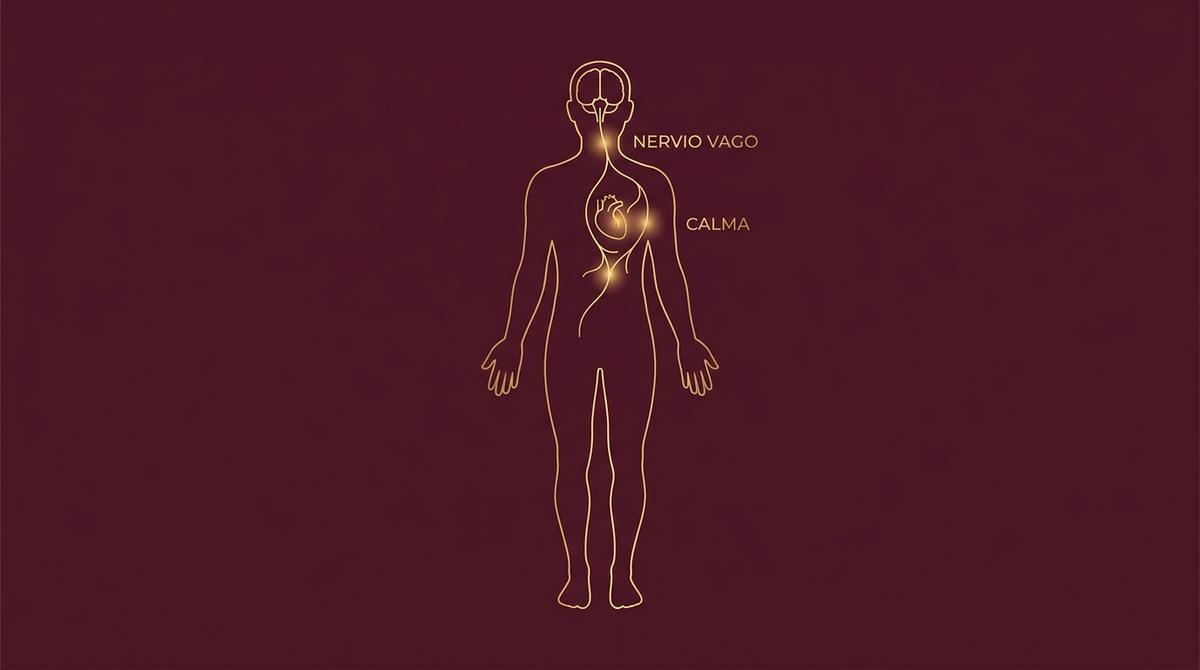 Esquema gráfico del sistema nervioso y la activación del nervio vago en color oro sobre un fondo borgoña profundo.