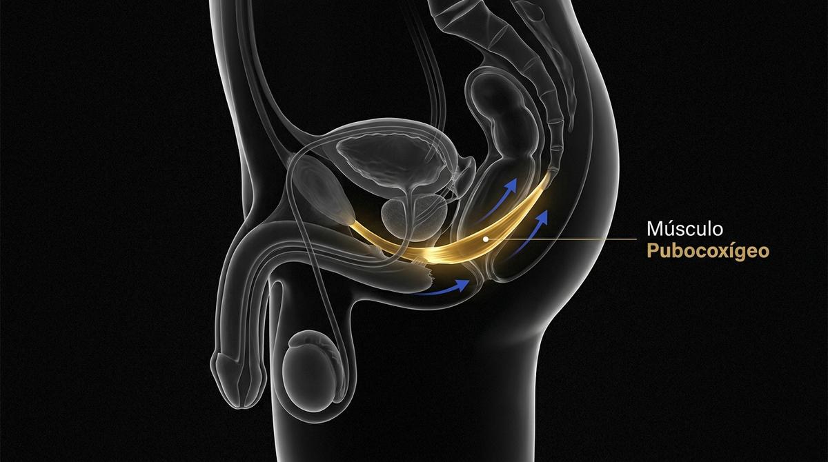Esquema anatómico funcional de la pelvis masculina destacando la ubicación del músculo pubocoxígeo.
