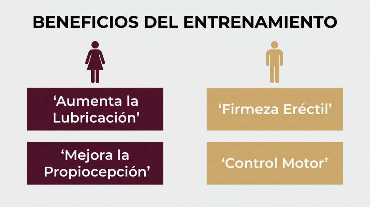 Infografía que compara los beneficios del entrenamiento del suelo pélvico para hombres y mujeres.