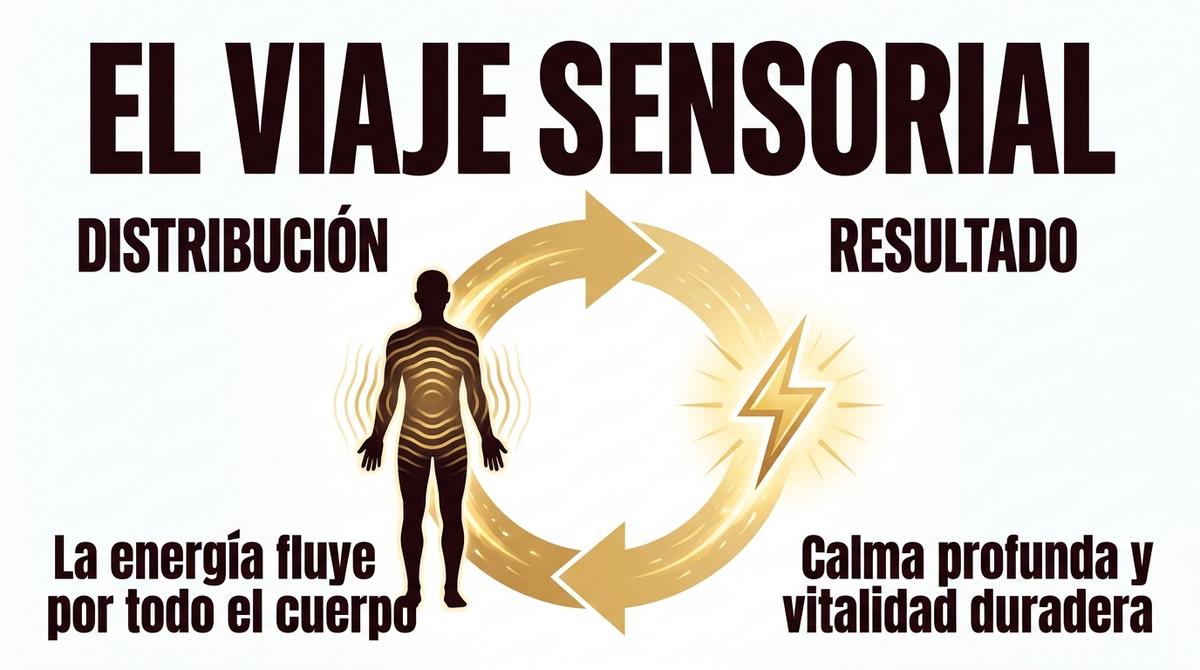 Infografía conceptual sobre la distribución de la energía corporal y los beneficios del masaje sensorial sin metas físicas.