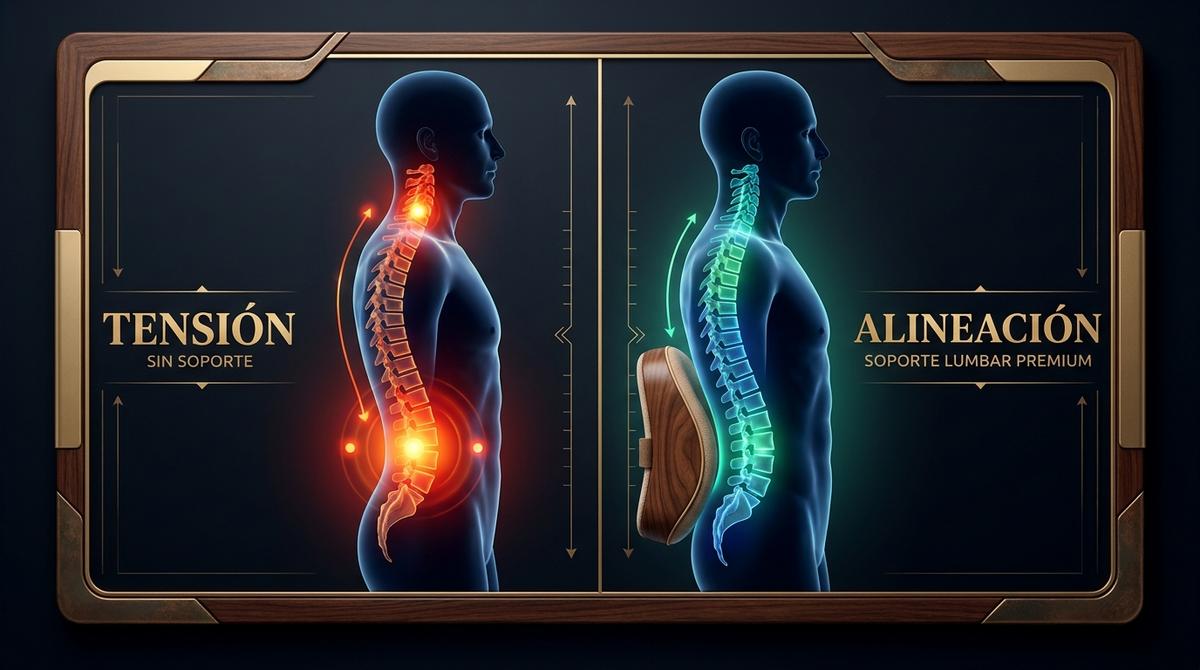 Diagrama anatómico comparativo de alineación de columna con soporte de cojín ergonómico