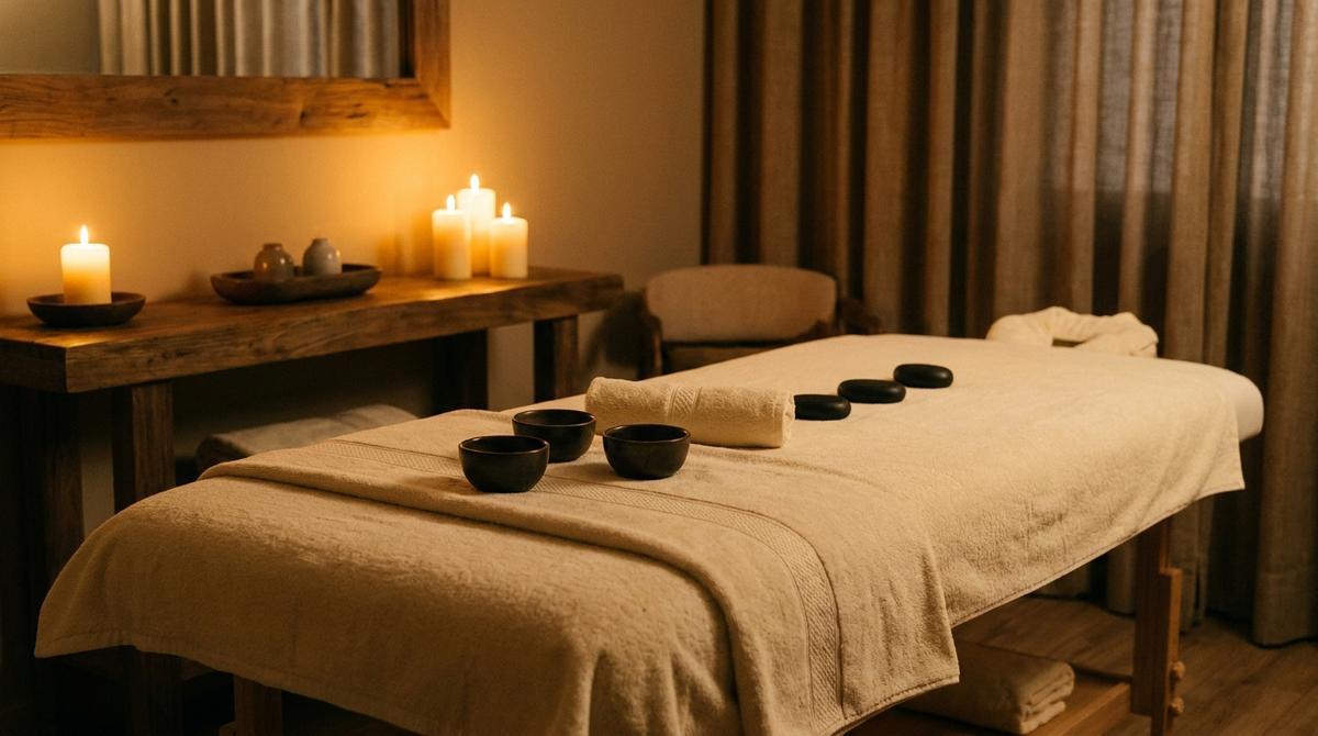 Cabina de masajes de lujo higiénica y climatizada con iluminación tenue, velas y toallas preparadas en Madrid.