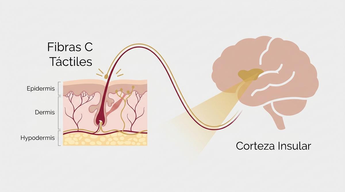 Infografía del funcionamiento biológico de las fibras C táctiles en la piel y el cerebro.