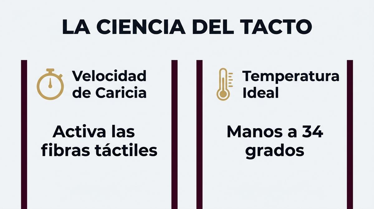 Infografía detallando la velocidad y temperatura ideal para estimular el sistema nervioso femenino mediante el tacto