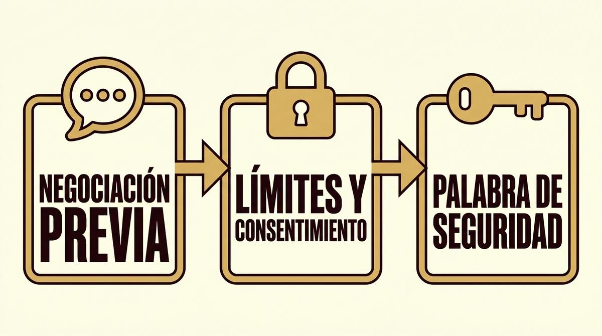 Diagrama secuencial de tres pasos para explorar el fetichismo y las fantasías de forma segura y consensuada.