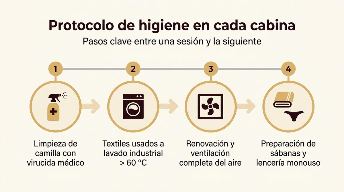 Diagrama en forma de línea de tiempo con los pasos del protocolo de higiene en una cabina de masaje.