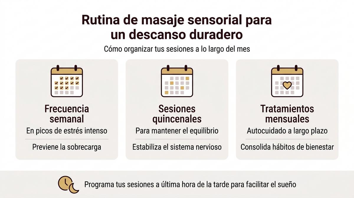 Diagrama que explica la frecuencia recomendada de masajes sensoriales para reducir el estrés y mejorar el descanso