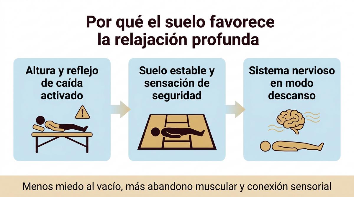 Diagrama que muestra cómo el masaje en el suelo reduce el miedo a la caída y facilita la relajación profunda.