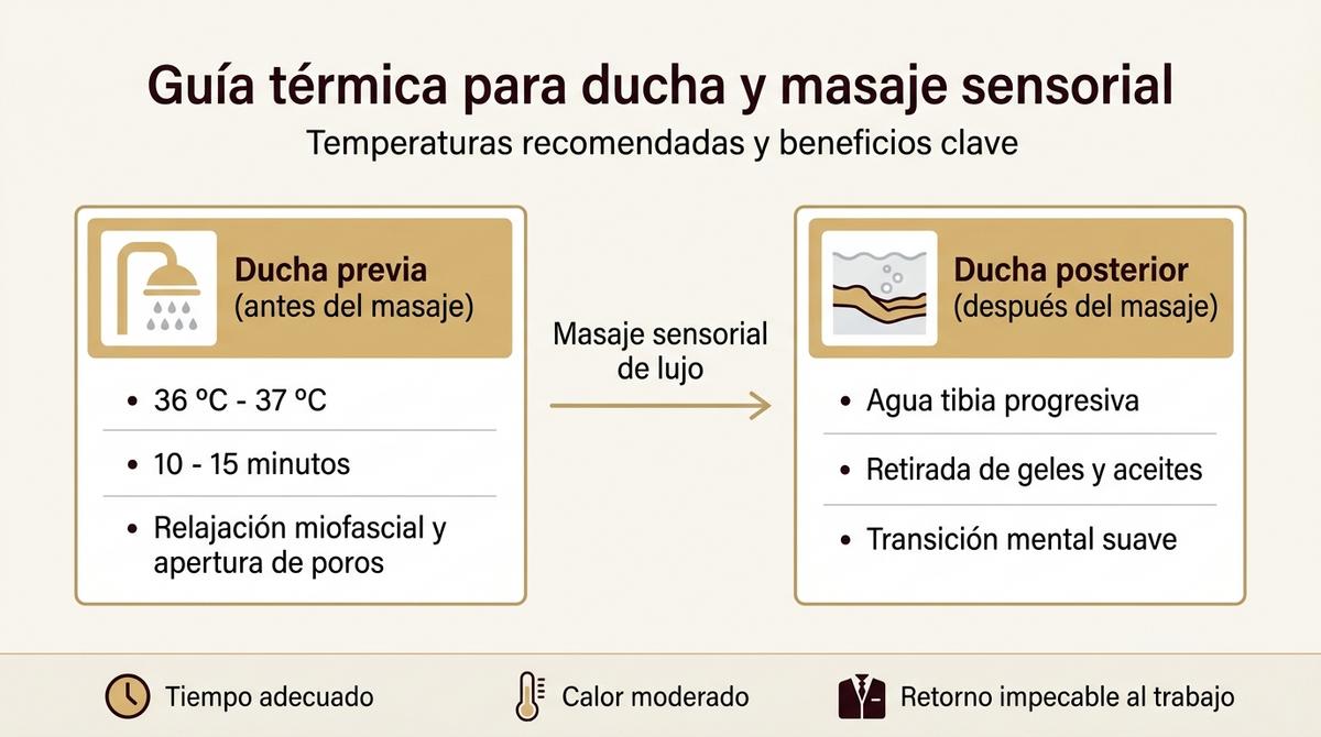 Diagrama que muestra las temperaturas recomendadas para la ducha antes y después de un masaje sensorial