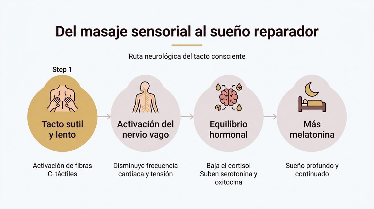 Diagrama que resume cómo el masaje sensorial activa el nervio vago y mejora la producción de hormonas relacionadas con el sueño