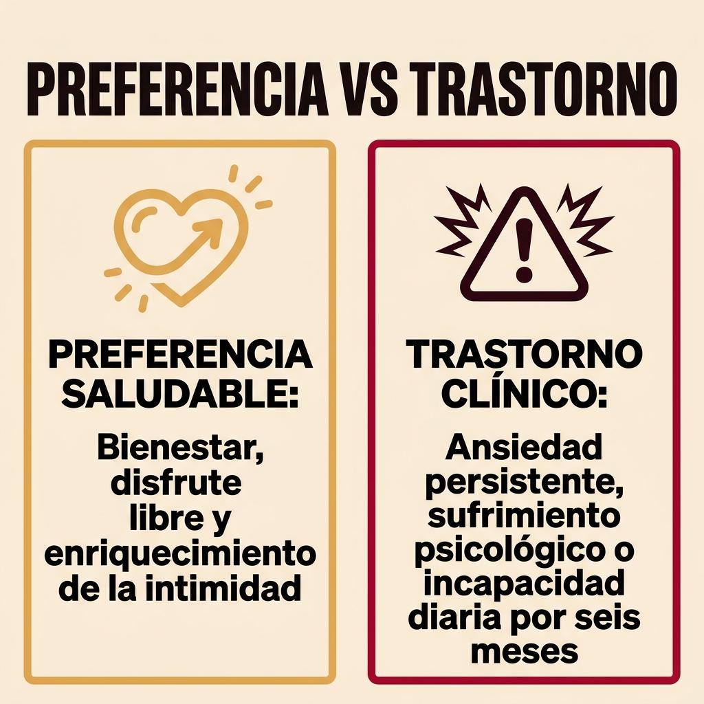 Infografía comparativa entre la preferencia saludable del fetichismo y el trastorno clínico según los criterios del manual DSM-5-TR.