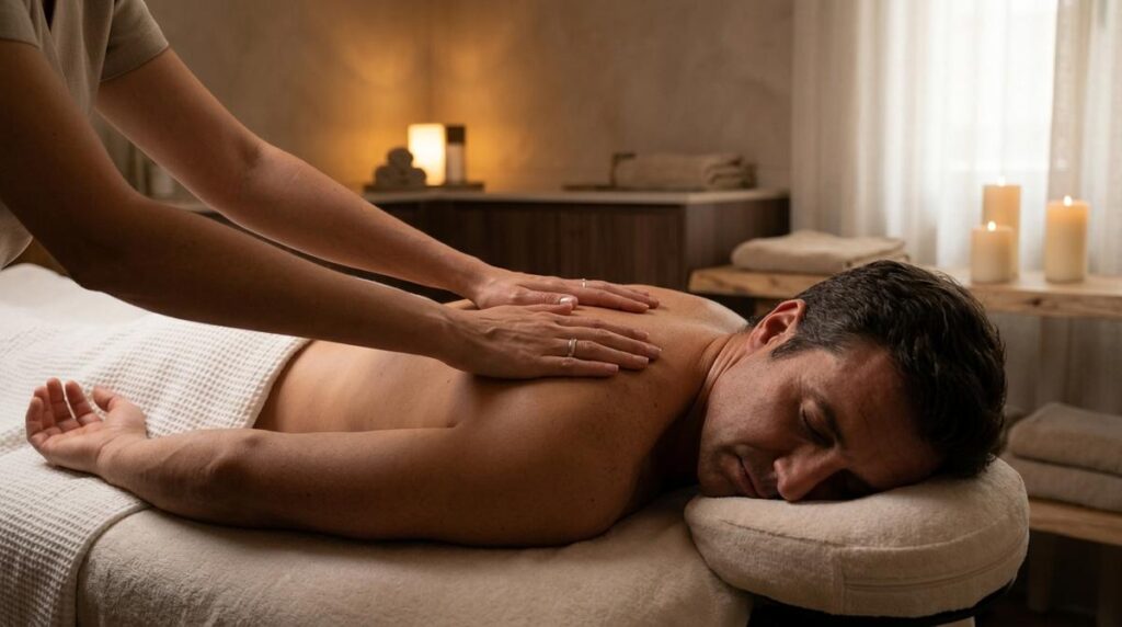 Ejecutivo Recibiendo Un Masaje Sensorial Relajante En Una Cabina De Spa Elegante Y Tenue En Madrid