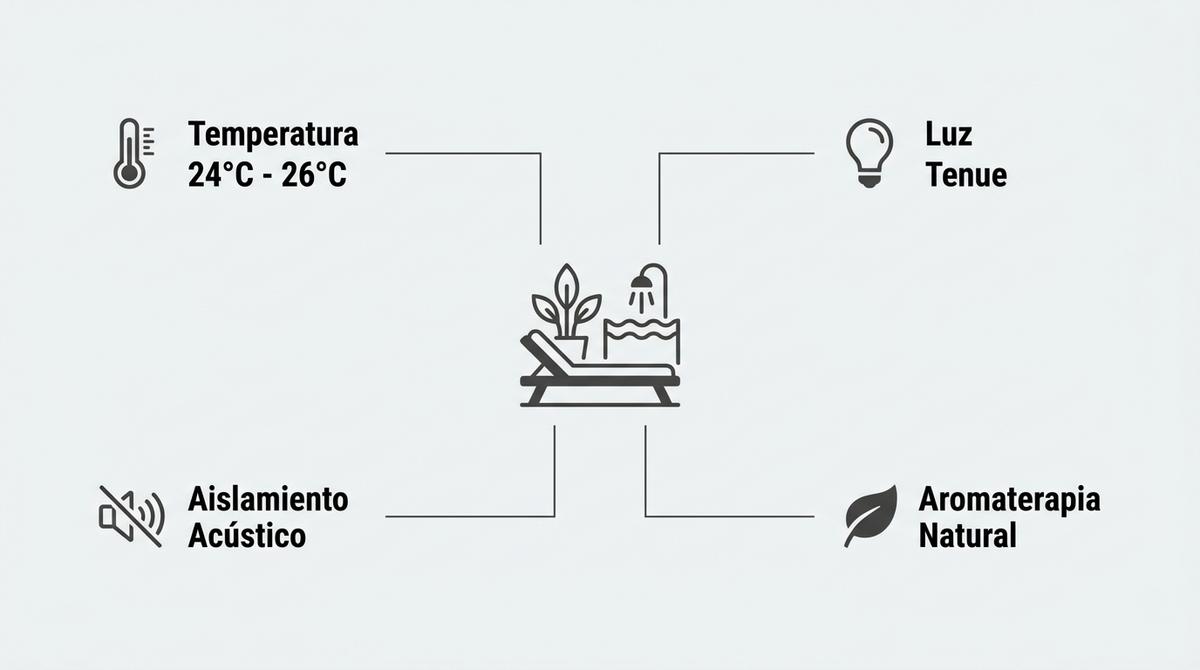 Esquema visual de una suite de masaje que muestra la temperatura, luz y aromaterapia ambiental